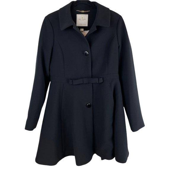 Kate Spade New York Bow Flared Trench Peacoat Single Breasted Black Size M
